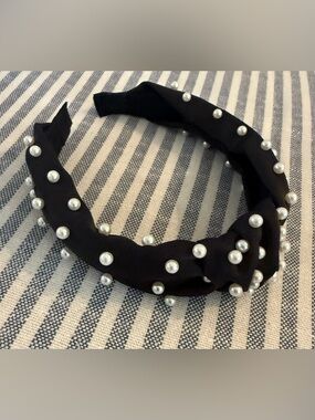Black Faux Pearl Knotted Headband - Women Accessories